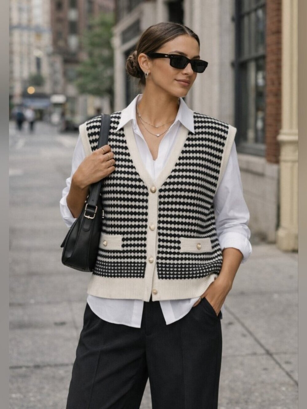 Adrianna Rapell Black/White Knit Vest Pearl Buttons Size M